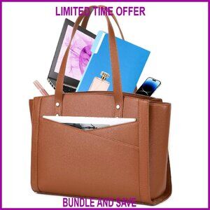 Leather Work Tote Bag with Laptop Sleeve, 15.6 Inch, 3 Compartments